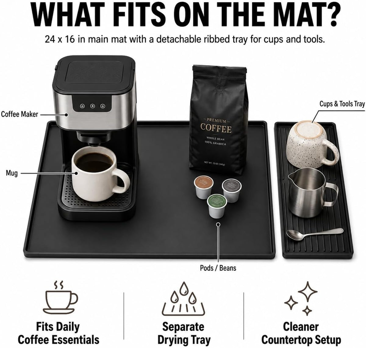 Silicone Coffee Mat with Removable Tray for Coffee Bar Organizer