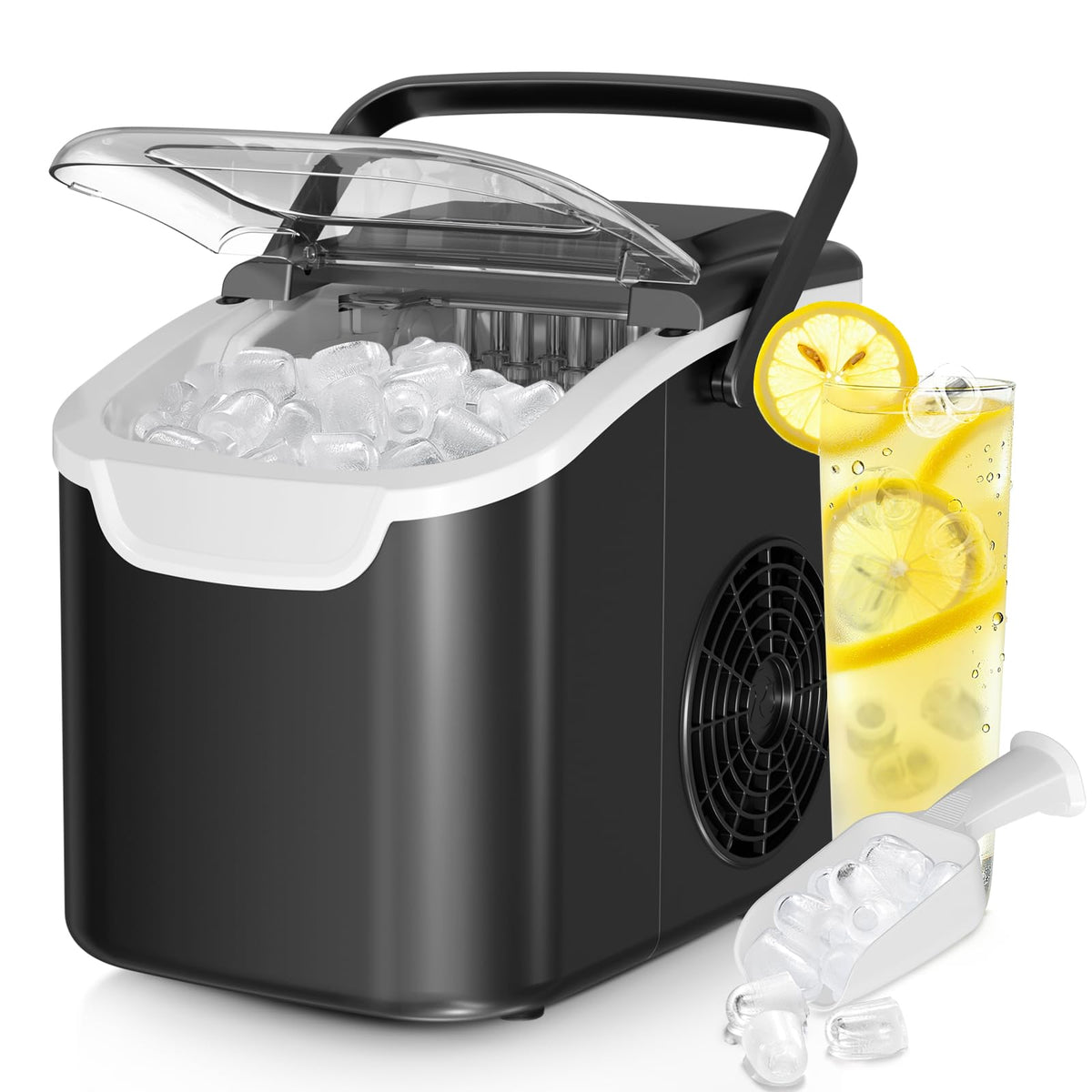 Ice Maker Countertop, Efficient Easy Carry Ice Machine, Self-Cleaning Ice Maker with Ice Scoop & Basket, 9pcs/ 6mins 26.6Lbs Per Day for Home/Office/Kitchen,Black