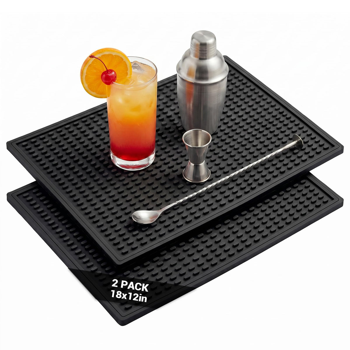 Rubber Bar Mats for Countertop, 12"x18" Black 4 Pack - Heat Resistant Coffee Bar Mat & Spill-proof Dish Drying Mat for Kitchen Counter, Home Bar, Coffee Station - Non-Slip Grip Rubber Mat, Easy Clean