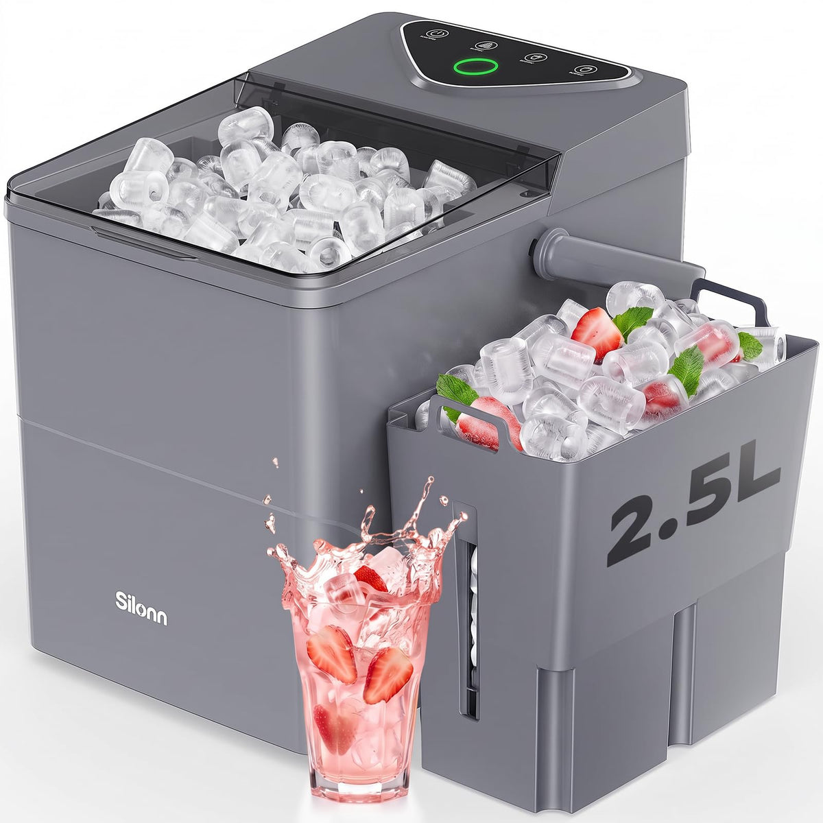 Silonn Countertop Ice Maker with 2.5L Expandable Ice Basket, 26.5lbs/24H, 9 Cubes in 6 Mins, 2 Ice Sizes, Self-Cleaning & LED Touch Control for Home Kitchen Office