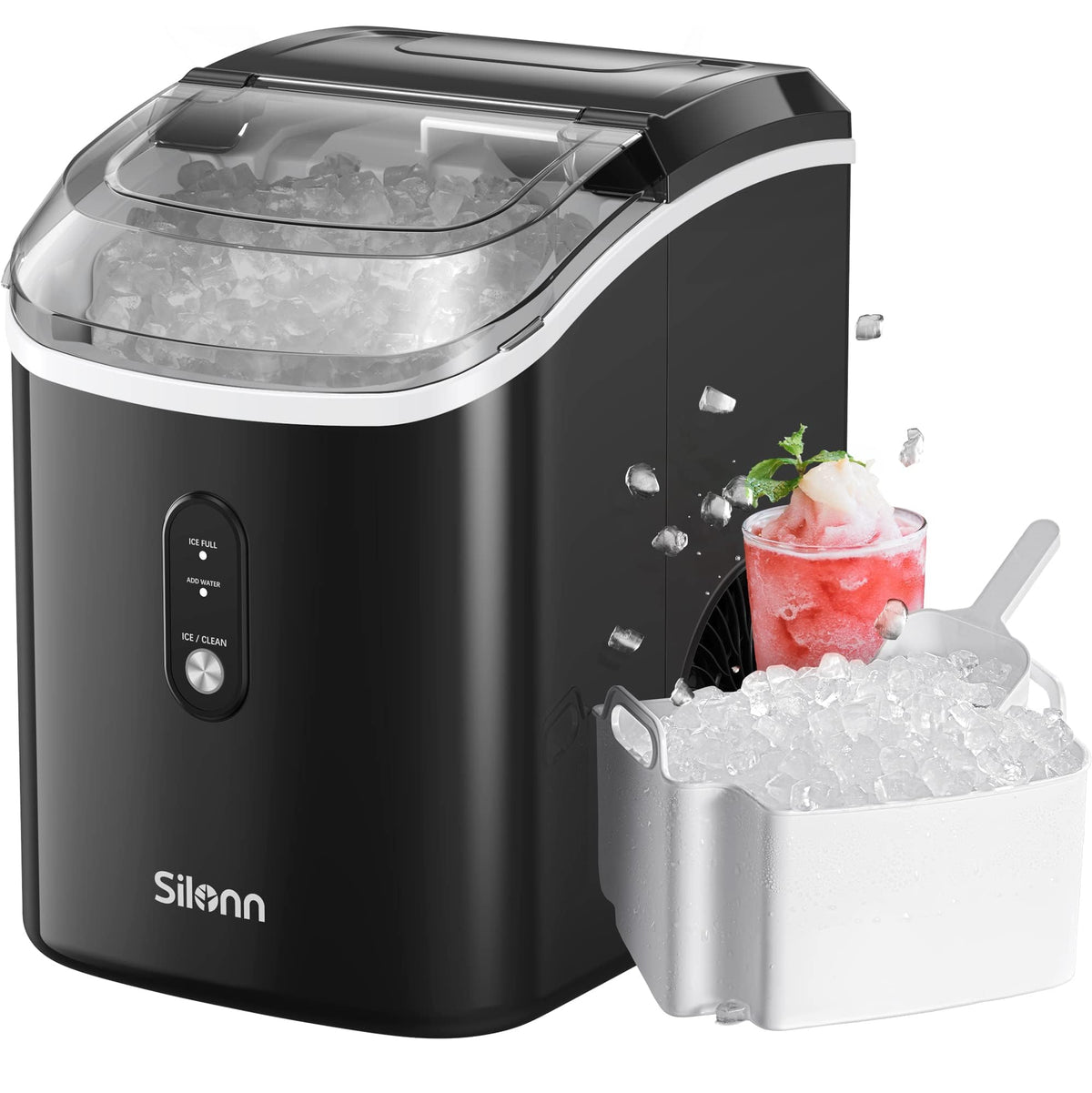 Silonn Countertop Ice Maker with 2.5L Expandable Ice Basket, 26.5lbs/24H, 9 Cubes in 6 Mins, 2 Ice Sizes, Self-Cleaning & LED Touch Control for Home Kitchen Office