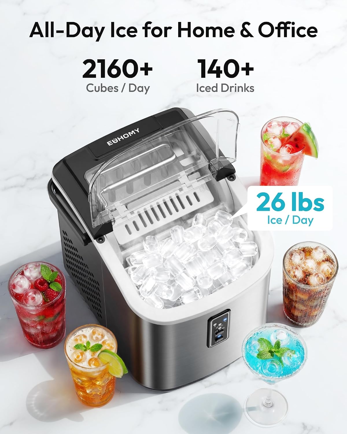 EUHOMY Ice Maker Countertop, 9 Cubes Ready in 6 Mins, 26lbs/24H, Self-Cleaning, Portable Ice Maker Machine with Carry Handle, Basket and Scoop, 2 Sizes of Bullet Ice for Home, Kitchen, Office