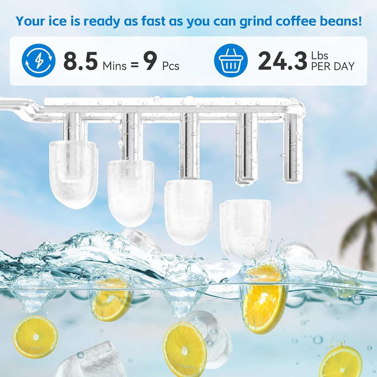 Alpicool Bullet Ice Maker Countertop, Portable Ice Machine Makes 9 Bullet Ice Cubes in 8 Minutes, 24lbs of Ice in 24H, Compact Ice Maker with Scoop and Basket for Home, Kitchen, RV, Camping
