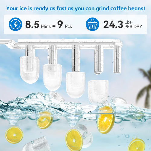 Alpicool Bullet Ice Maker Countertop, Portable Ice Machine Makes 9 Bullet Ice Cubes in 8 Minutes, 24lbs of Ice in 24H, Compact Ice Maker with Scoop and Basket for Home, Kitchen, RV, Camping