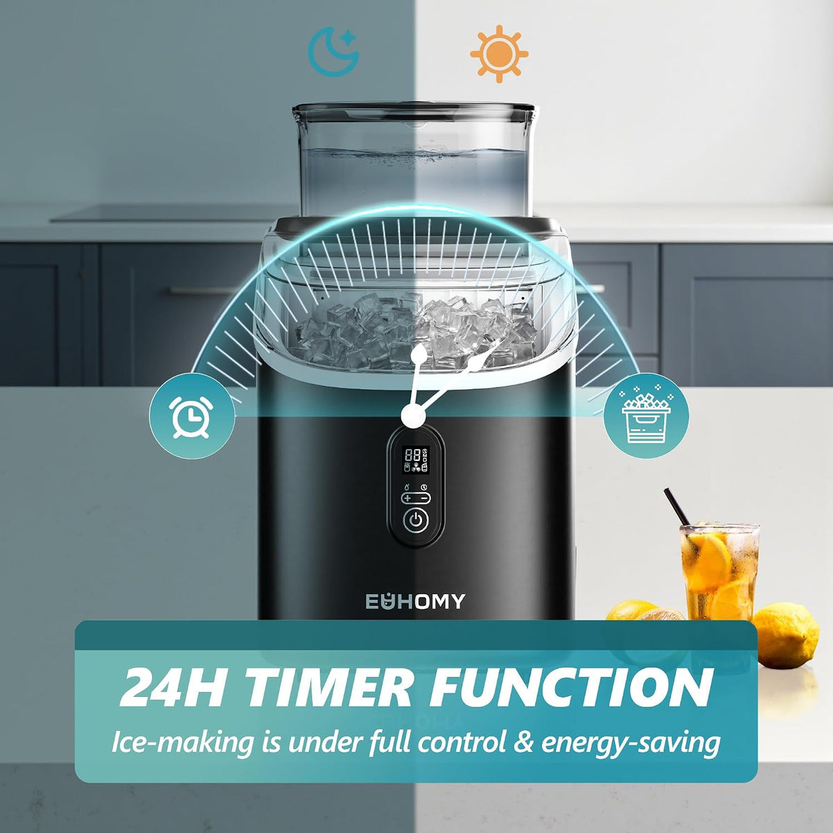 EUHOMY Clear Ice Cube Maker Countertop with 1.5L Top Tank, 34Lbs/Day