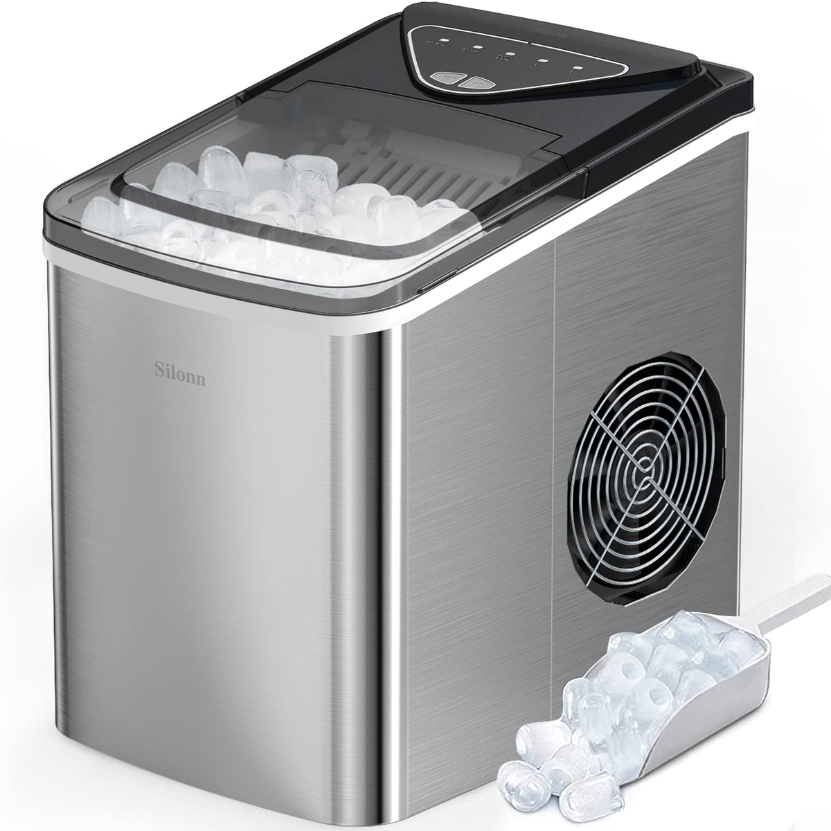 Silonn Ice Maker Countertop, Portable Ice Machine with Carry Handle, Self-Cleaning Ice Makers with Basket and Scoop, 9 Cubes in 6 Mins, 26 lbs per Day, Ideal for Home, Kitchen, Camping, RV
