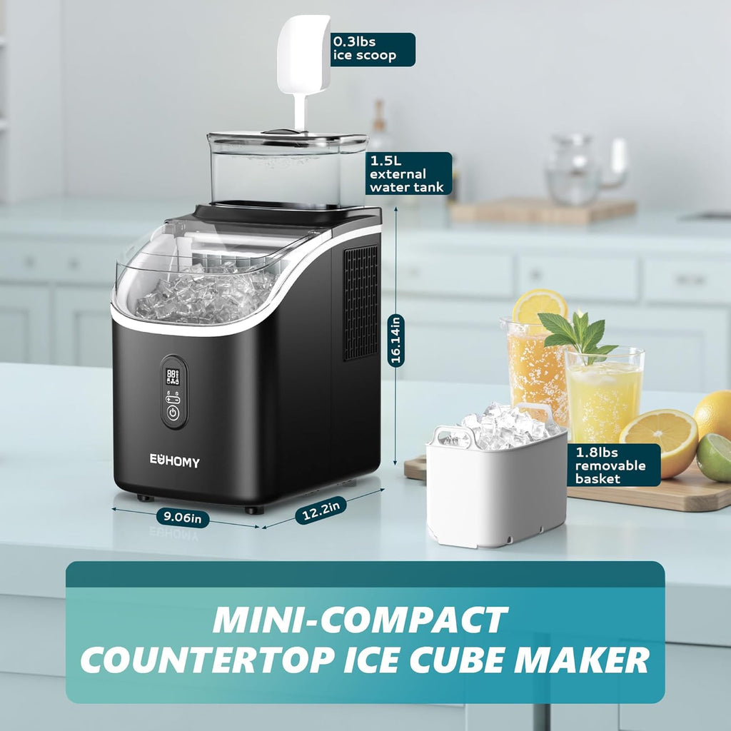 EUHOMY Clear Ice Cube Maker Countertop with 1.5L Top Tank, 34Lbs/Day