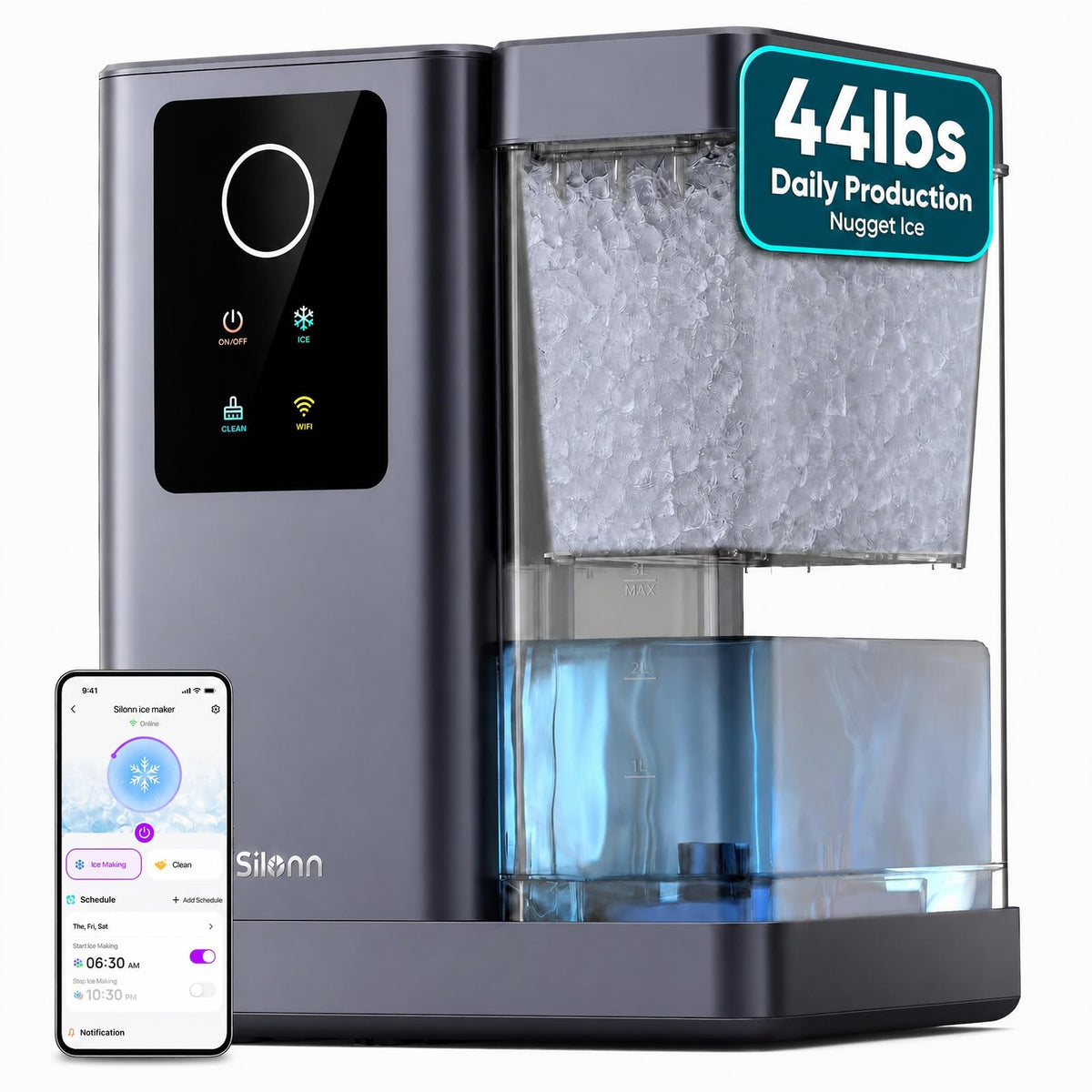 Silonn Countertop Ice Maker, Ice Makers Countertop with 2.5L Expandable Ice Basket & 1.8L Water Tank, 26Lbs/24H, 9 Bullet Ice in 6 Mins, Self-Cleaning, 2 Ice Sizes for Home Kitchen