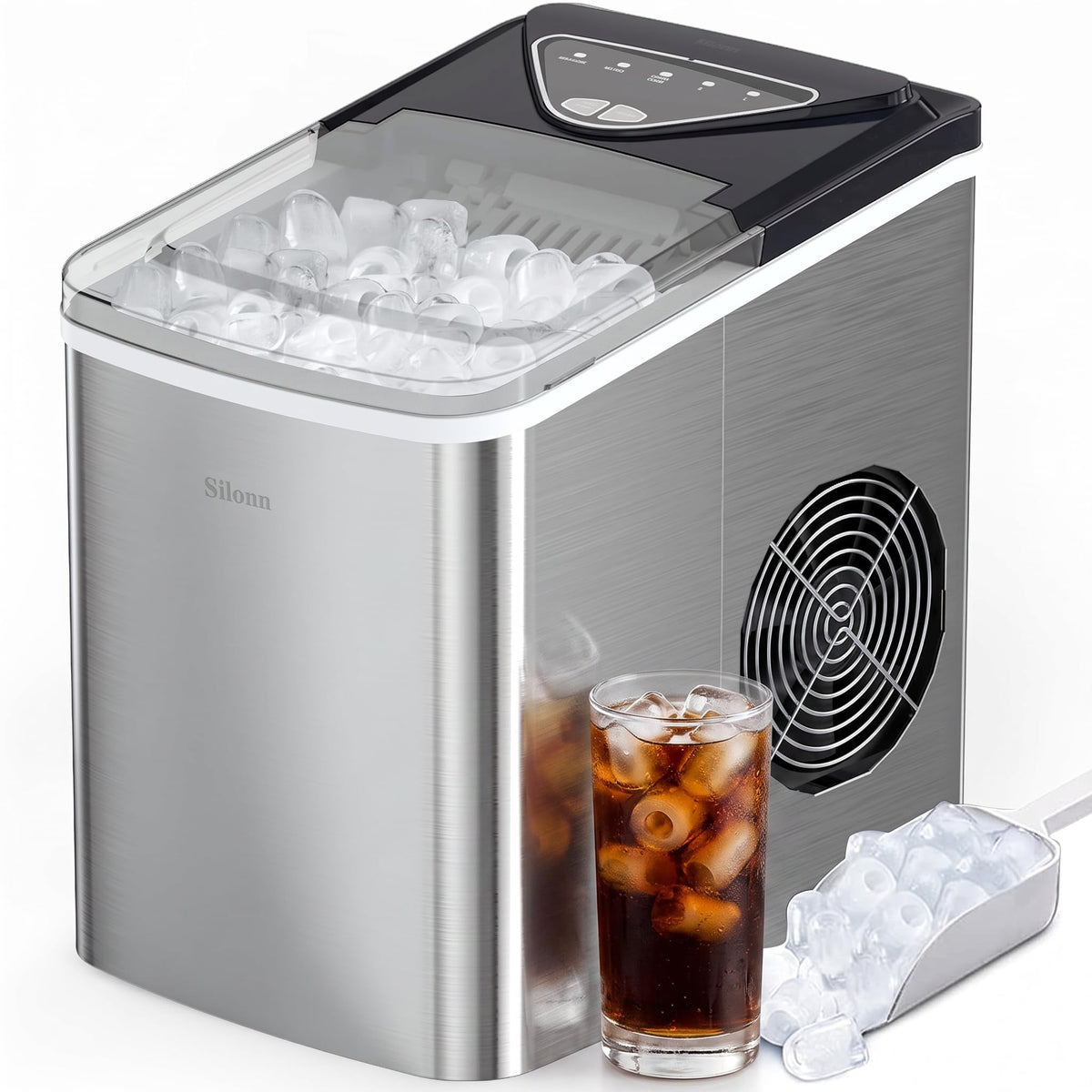 Silonn Countertop Ice Maker with 2.5L Expandable Ice Basket, 26.5lbs/24H, 9 Cubes in 6 Mins, 2 Ice Sizes, Self-Cleaning & LED Touch Control for Home Kitchen Office
