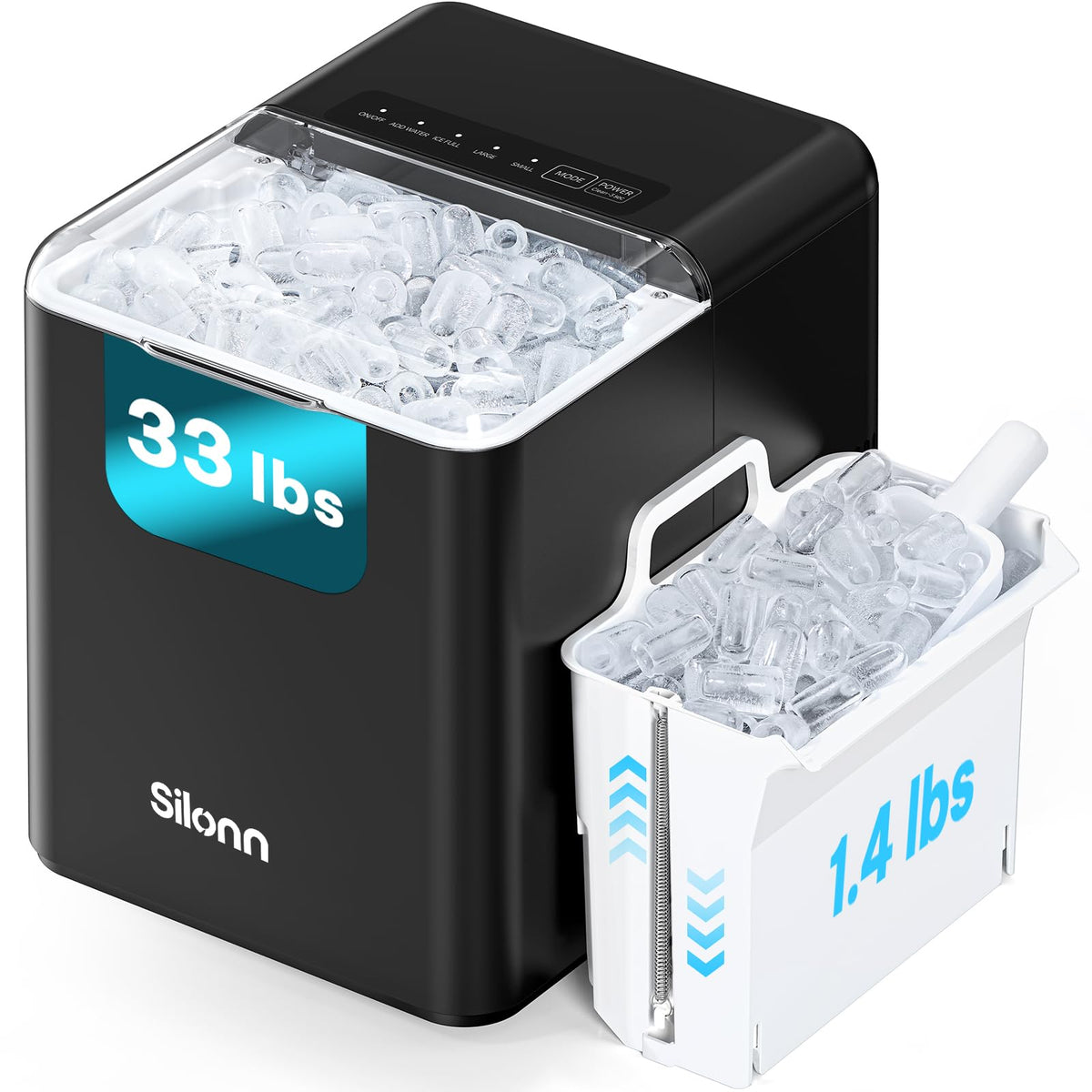 Silonn Countertop Ice Maker with 2.5L Expandable Ice Basket, 26.5lbs/24H, 9 Cubes in 6 Mins, 2 Ice Sizes, Self-Cleaning & LED Touch Control for Home Kitchen Office
