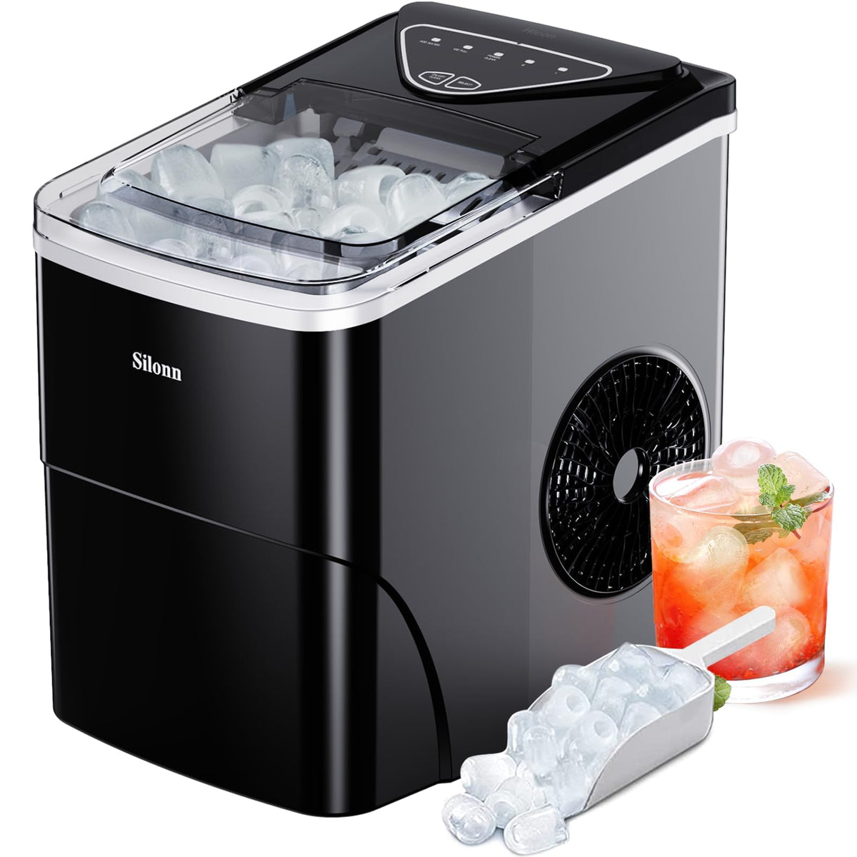 Silonn Countertop Ice Maker with 2.5L Expandable Ice Basket, 26.5lbs/24H, 9 Cubes in 6 Mins, 2 Ice Sizes, Self-Cleaning & LED Touch Control for Home Kitchen Office