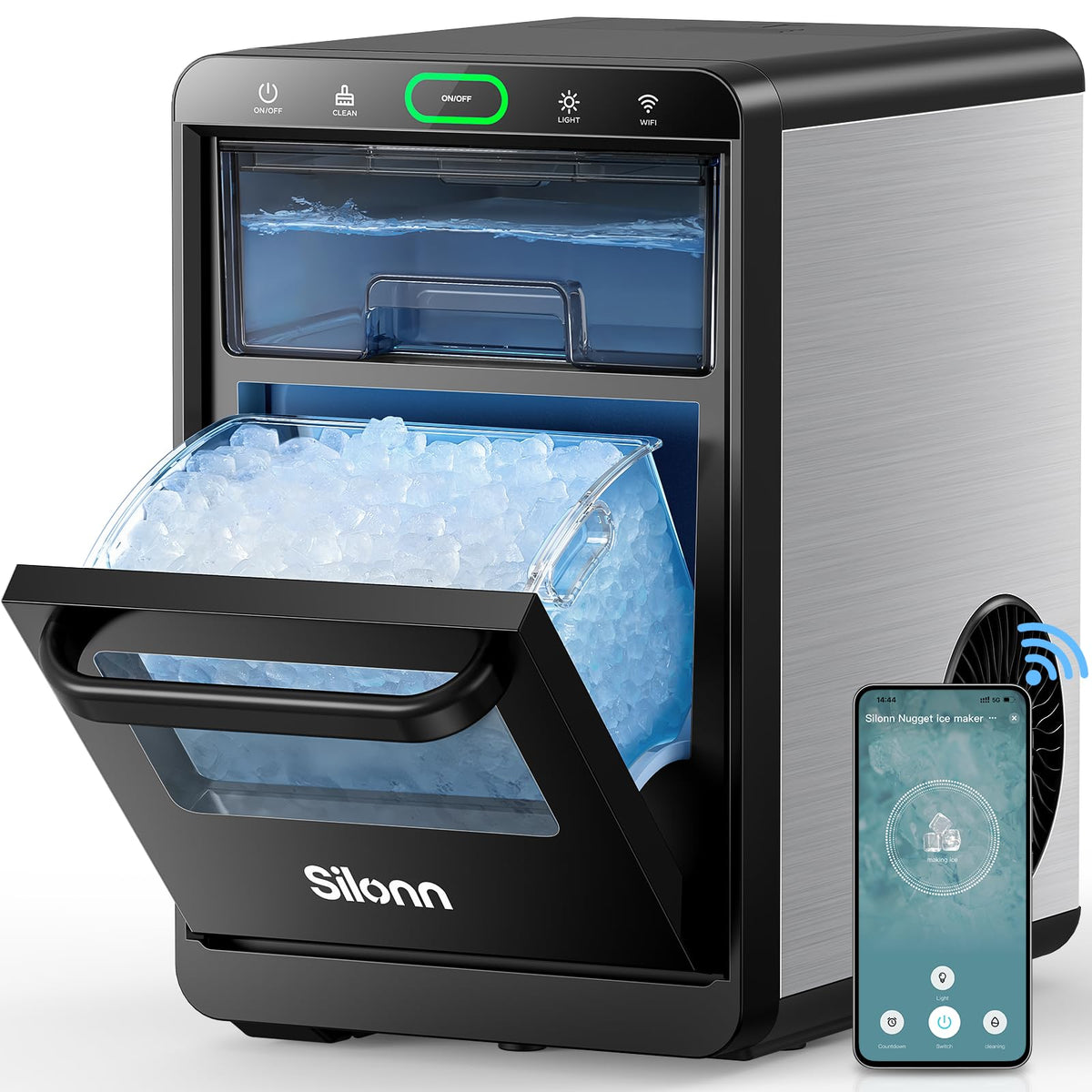 Silonn Countertop Ice Maker with 2.5L Expandable Ice Basket, 26.5lbs/24H, 9 Cubes in 6 Mins, 2 Ice Sizes, Self-Cleaning & LED Touch Control for Home Kitchen Office