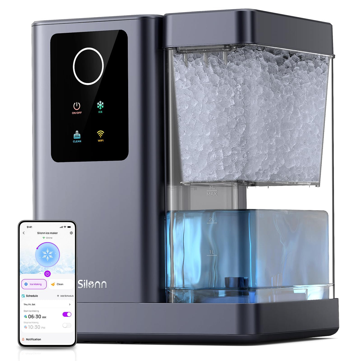 Silonn Countertop Ice Maker with 2.5L Expandable Ice Basket, 26.5lbs/24H, 9 Cubes in 6 Mins, 2 Ice Sizes, Self-Cleaning & LED Touch Control for Home Kitchen Office