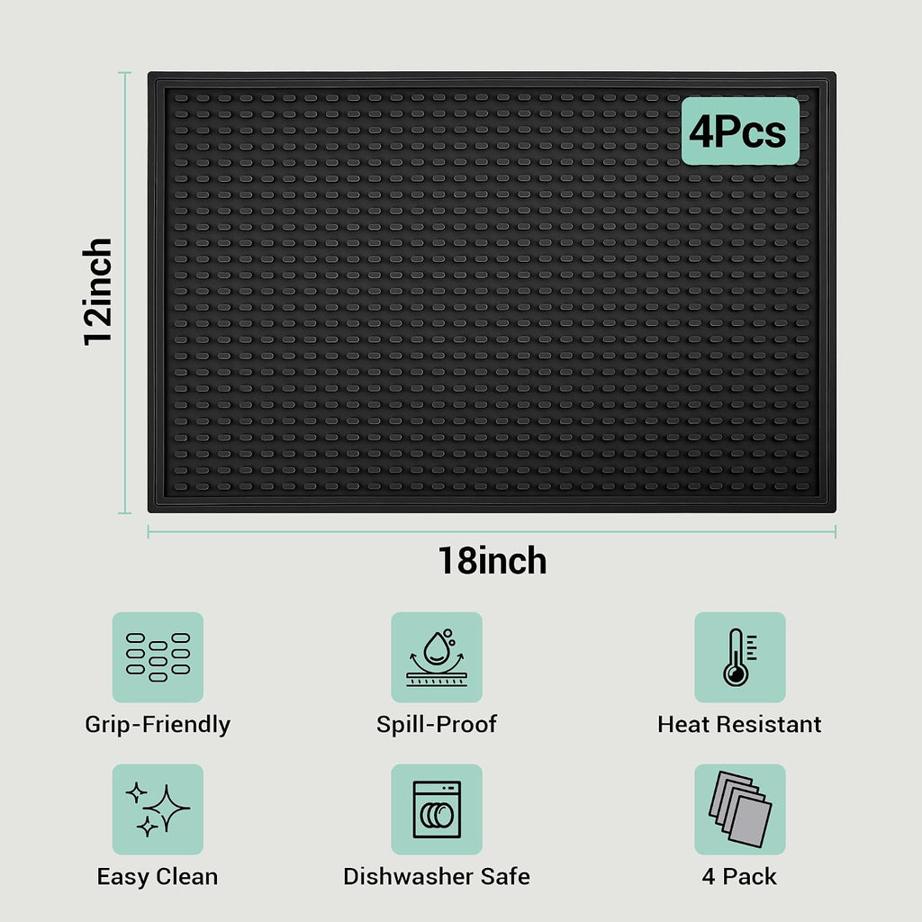 Rubber Bar Mats for Countertop, 12"x18" Black 4 Pack - Heat Resistant Coffee Bar Mat & Spill-proof Dish Drying Mat for Kitchen Counter, Home Bar, Coffee Station - Non-Slip Grip Rubber Mat, Easy Clean