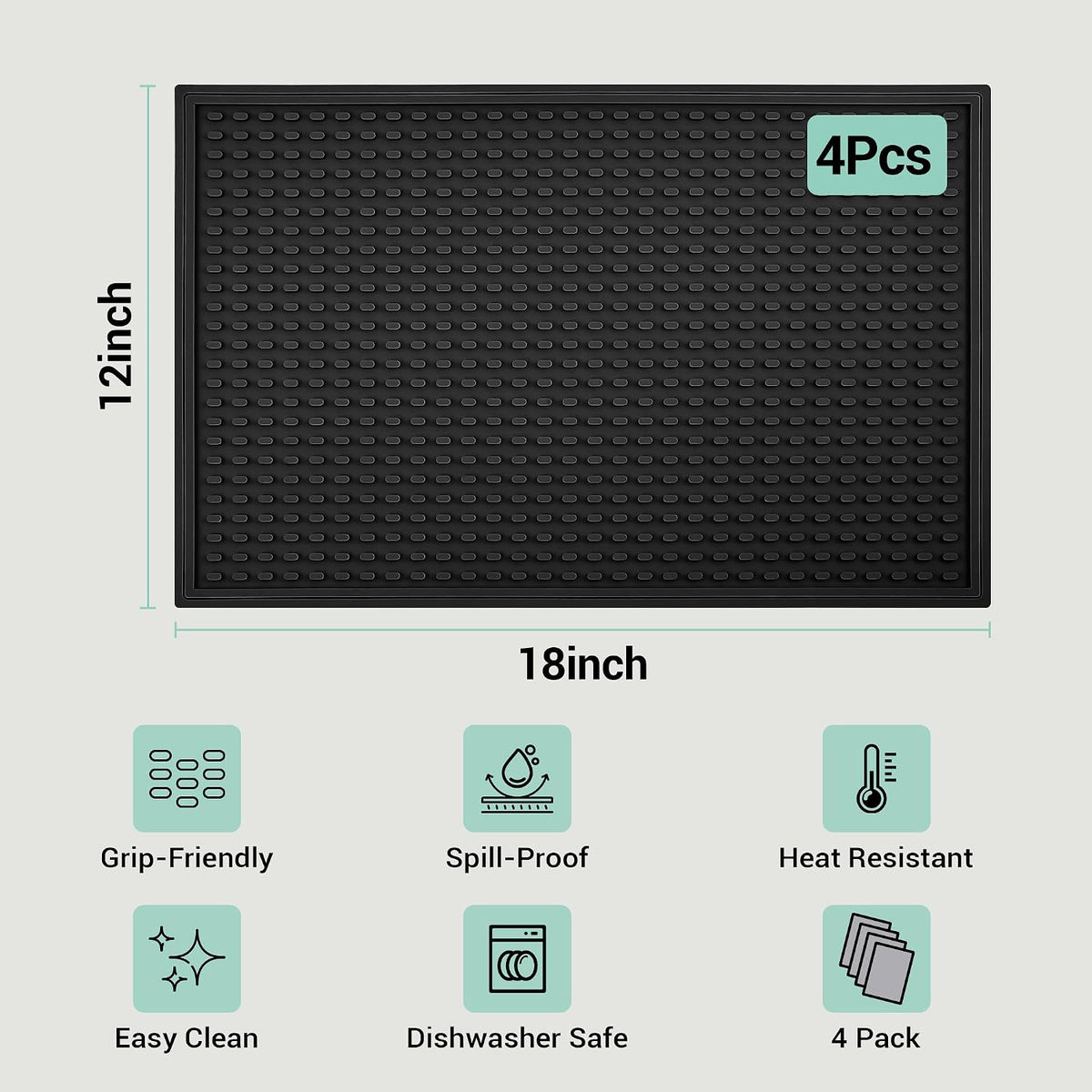 Rubber Bar Mats for Countertop, 12"x18" Black 4 Pack - Heat Resistant Coffee Bar Mat & Spill-proof Dish Drying Mat for Kitchen Counter, Home Bar, Coffee Station - Non-Slip Grip Rubber Mat, Easy Clean