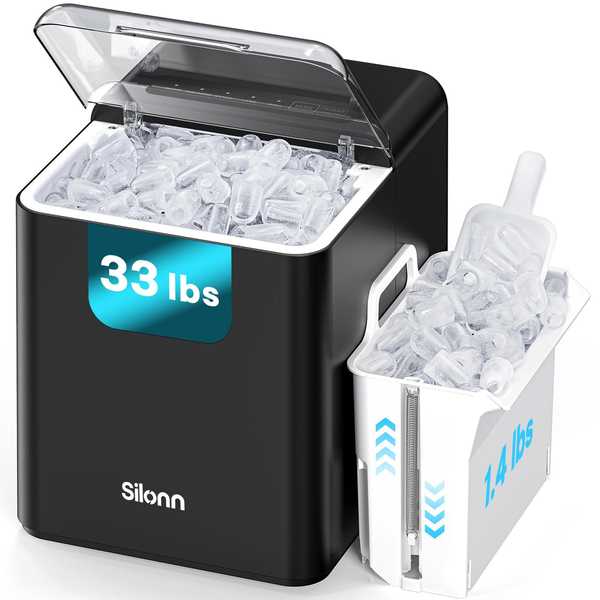 Silonn Ice Maker Countertop, Portable Ice Machine with Carry Handle, Self-Cleaning Ice Makers with Basket and Scoop, 9 Cubes in 6 Mins, 26 lbs per Day, Ideal for Home, Kitchen, Camping, RV