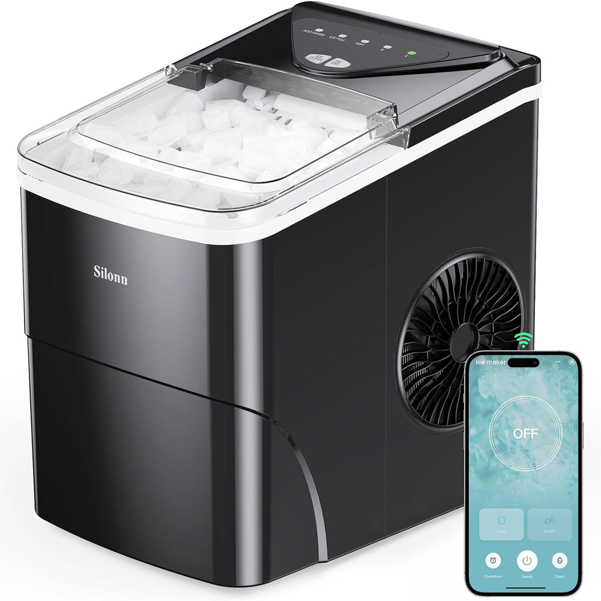 Silonn Countertop Ice Maker with 2.5L Expandable Ice Basket, 26.5lbs/24H, 9 Cubes in 6 Mins, 2 Ice Sizes, Self-Cleaning & LED Touch Control for Home Kitchen Office