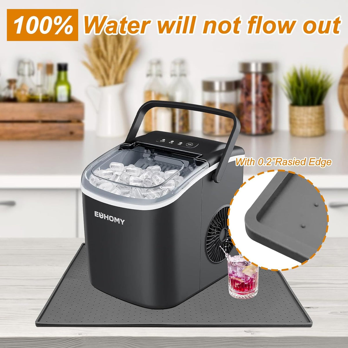 Silicone Ice Makers Countertop Mat Waterproof with Raised Edge Prevents Liquid Spillage, Nugget Ice Machine Countertop Mat with Non-Slip Raised Dots, Portable 19“x12”（Only Mat Not Include Ice Maker）
