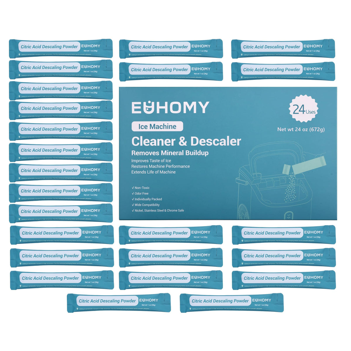 EUHOMY Ice Maker Cleaner & Descaler, 4 Uses & Individually Packed