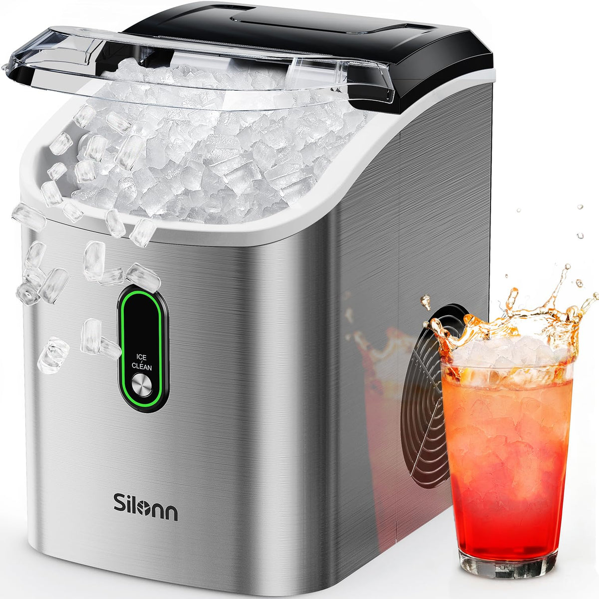 Silonn Countertop Ice Maker with 2.5L Expandable Ice Basket, 26.5lbs/24H, 9 Cubes in 6 Mins, 2 Ice Sizes, Self-Cleaning & LED Touch Control for Home Kitchen Office