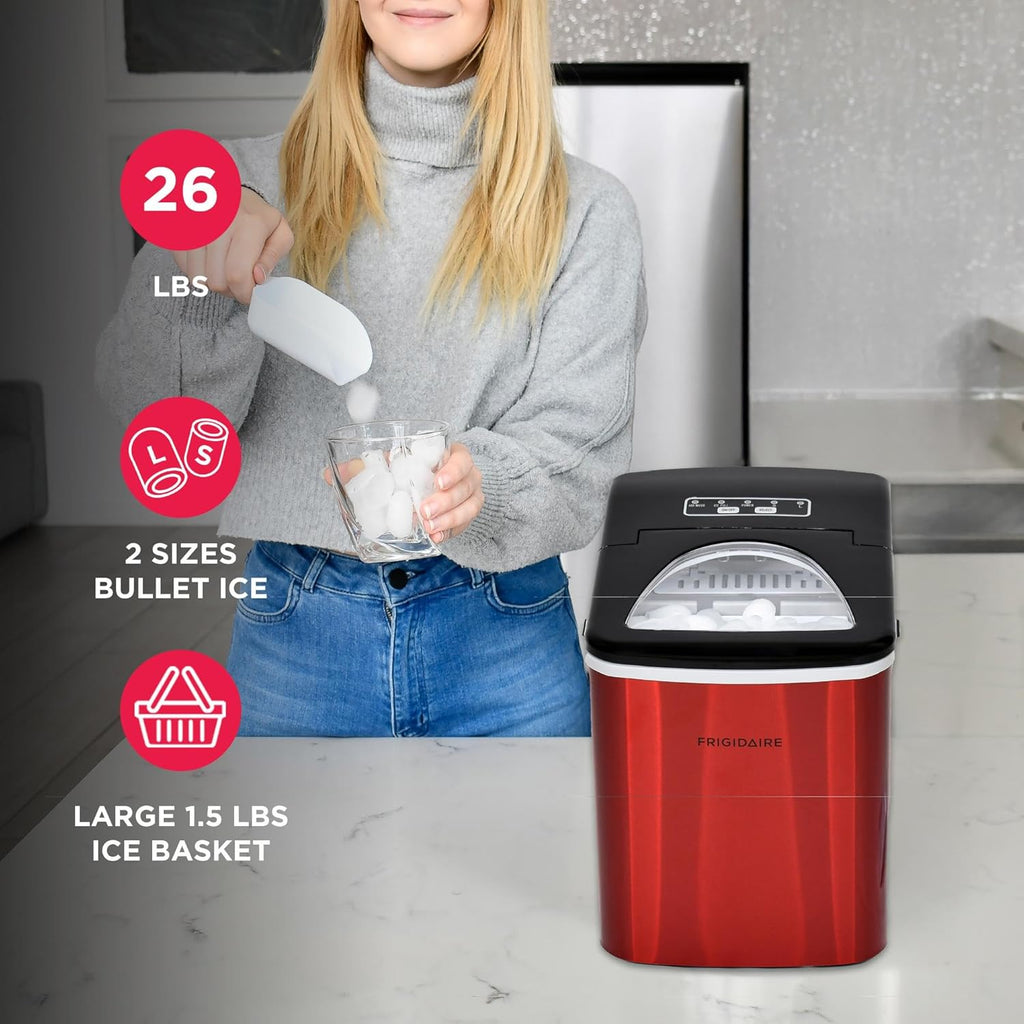 Frigidaire Counter top Portable, 26 lb per Day Nugget Ice Maker Machine (Red Stainless Steel)
