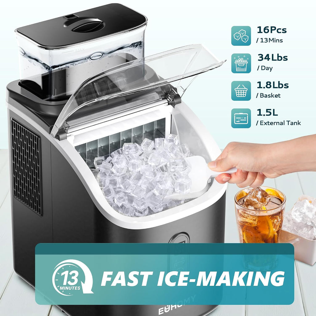 EUHOMY Clear Ice Cube Maker Countertop with 1.5L Top Tank, 34Lbs/Day