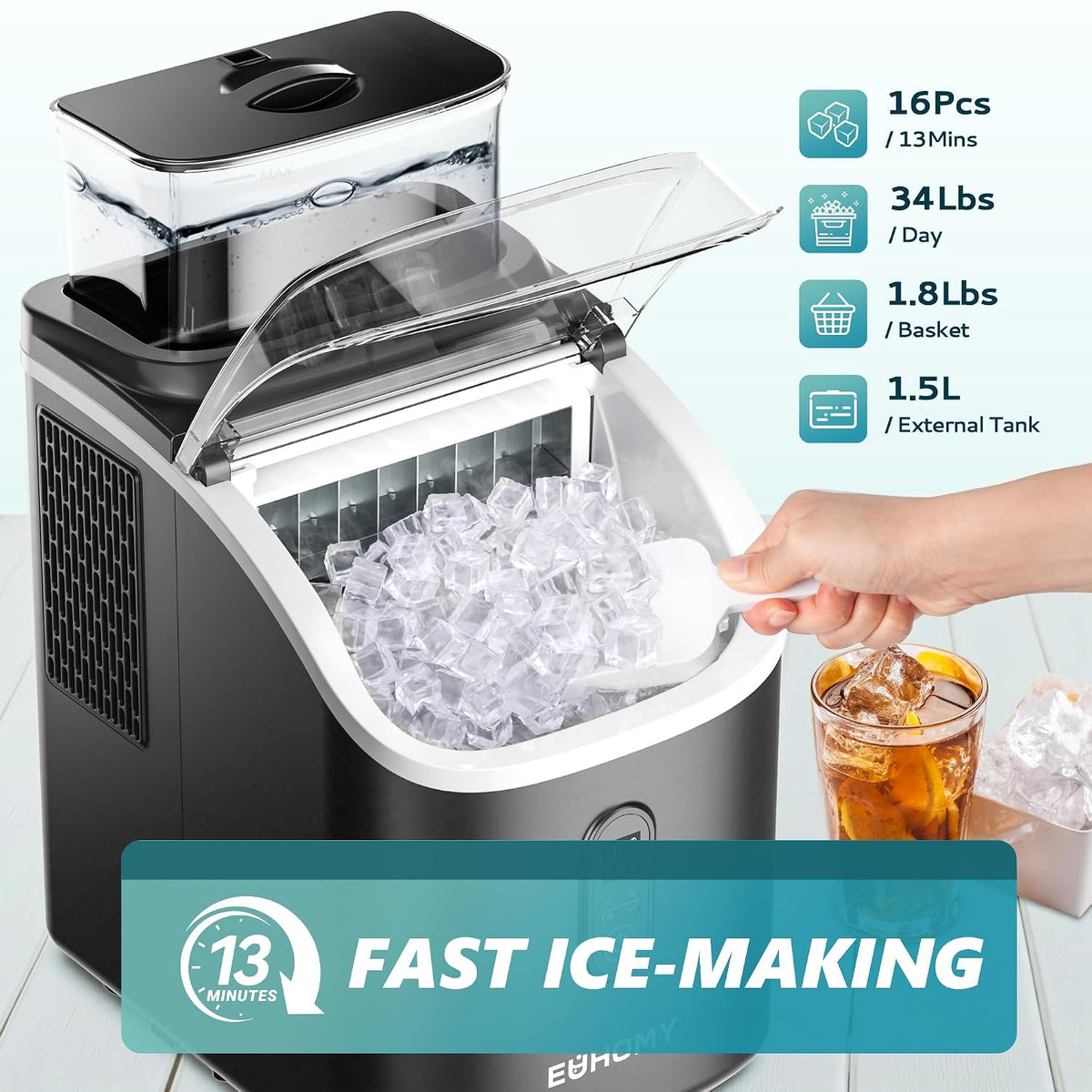 EUHOMY Clear Ice Cube Maker Countertop with 1.5L Top Tank, 34Lbs/Day
