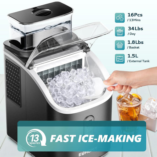 EUHOMY Clear Ice Cube Maker Countertop with 1.5L Top Tank, 34Lbs/Day