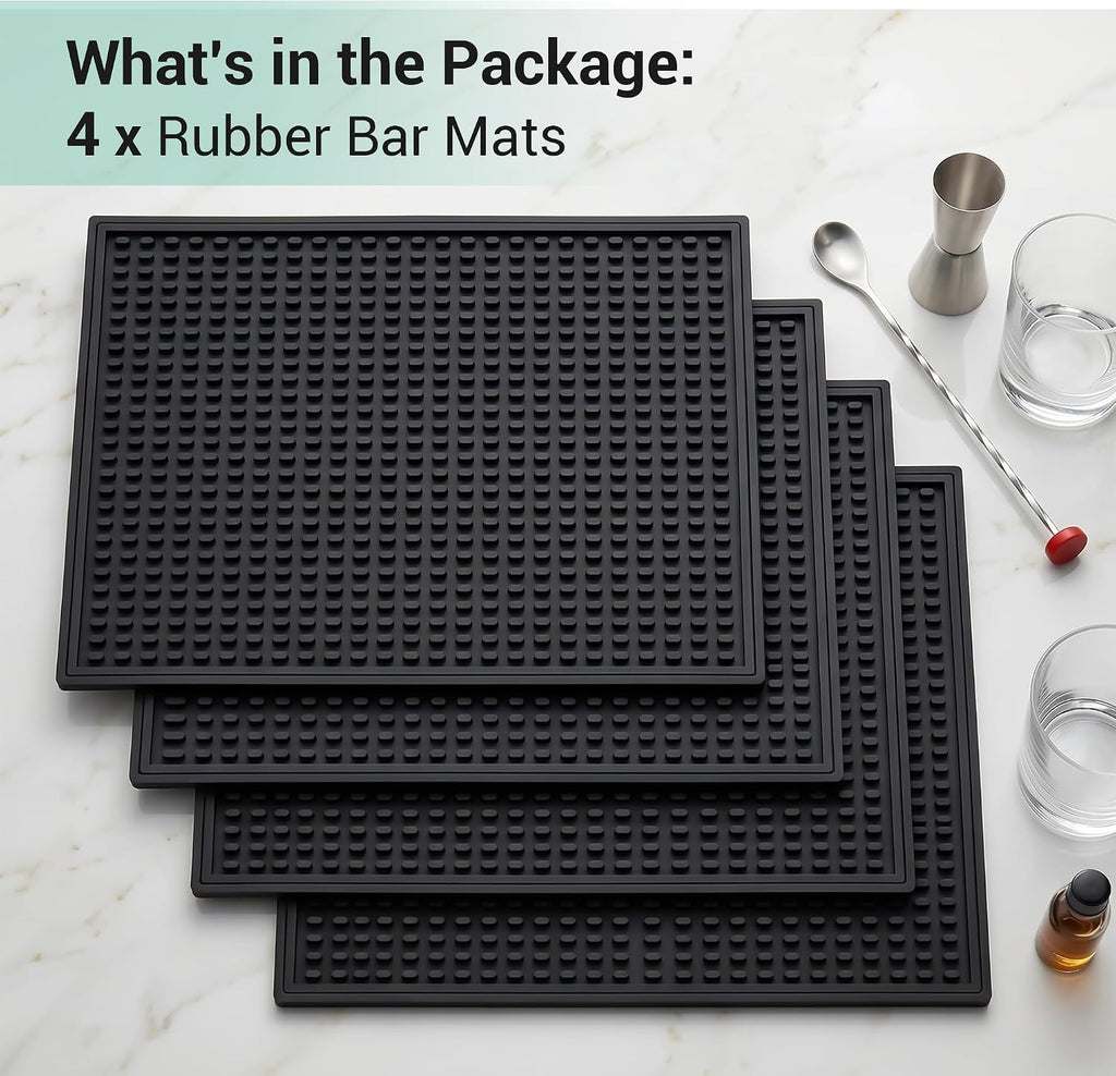 Rubber Bar Mats for Countertop, 12"x18" Black 4 Pack - Heat Resistant Coffee Bar Mat & Spill-proof Dish Drying Mat for Kitchen Counter, Home Bar, Coffee Station - Non-Slip Grip Rubber Mat, Easy Clean