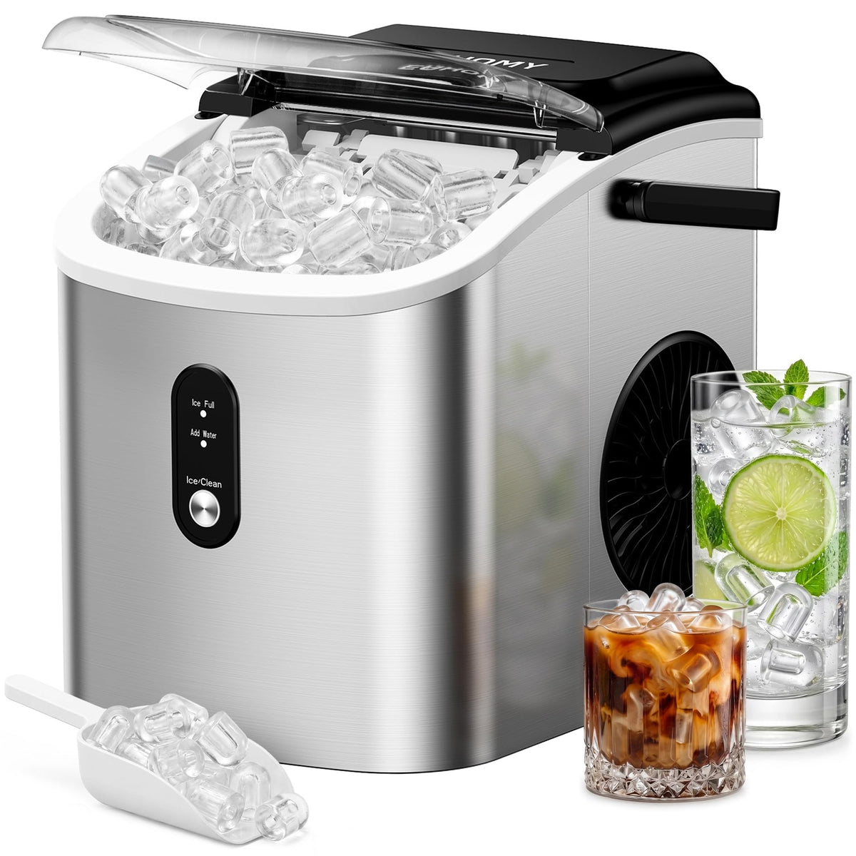 EUHOMY Countertop Ice Maker Machine with Handle, 26lbs in 24Hrs, 9 Ice Cubes Ready in 6 Mins, Auto-Cleaning Portable Ice Maker with Basket and Scoop, for Home/Kitchen/Camping/RV. (Black)